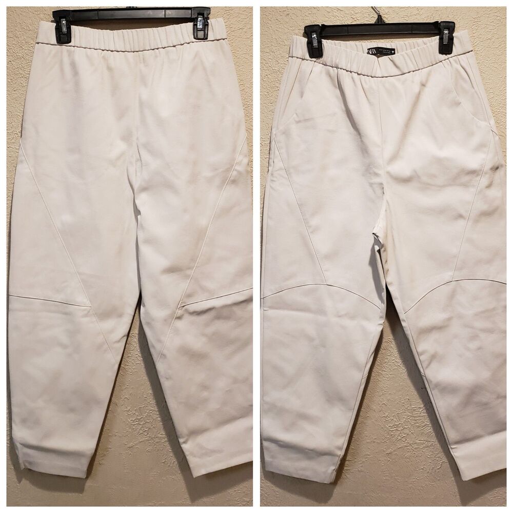 Zara Faux Leather Relaxed High Waisted Pants Womens M  White Trouser